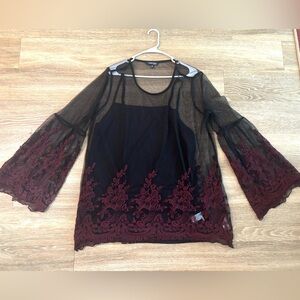 Whimsigoth Fairy Grunge Womens Tunic 2Pc Tall Sheer Flare Sleeve Embroidery XLT